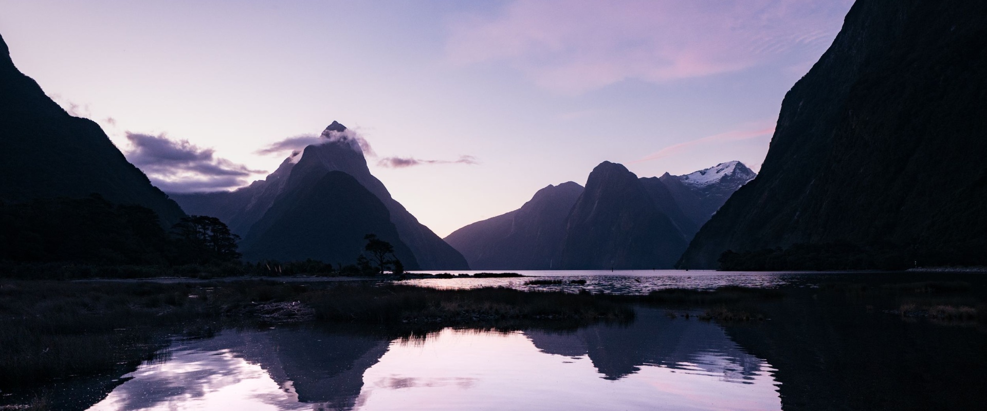 Evening light at Piopiotahi Milford Sound from the foreshore