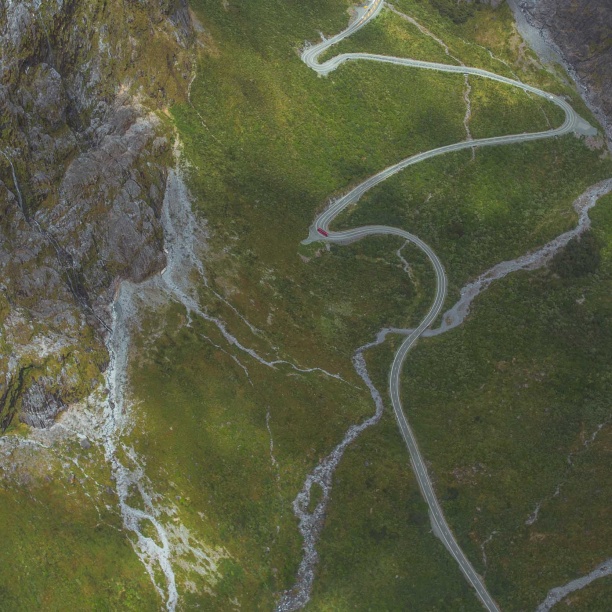 An aerial view of part of the long and winding Milford Road